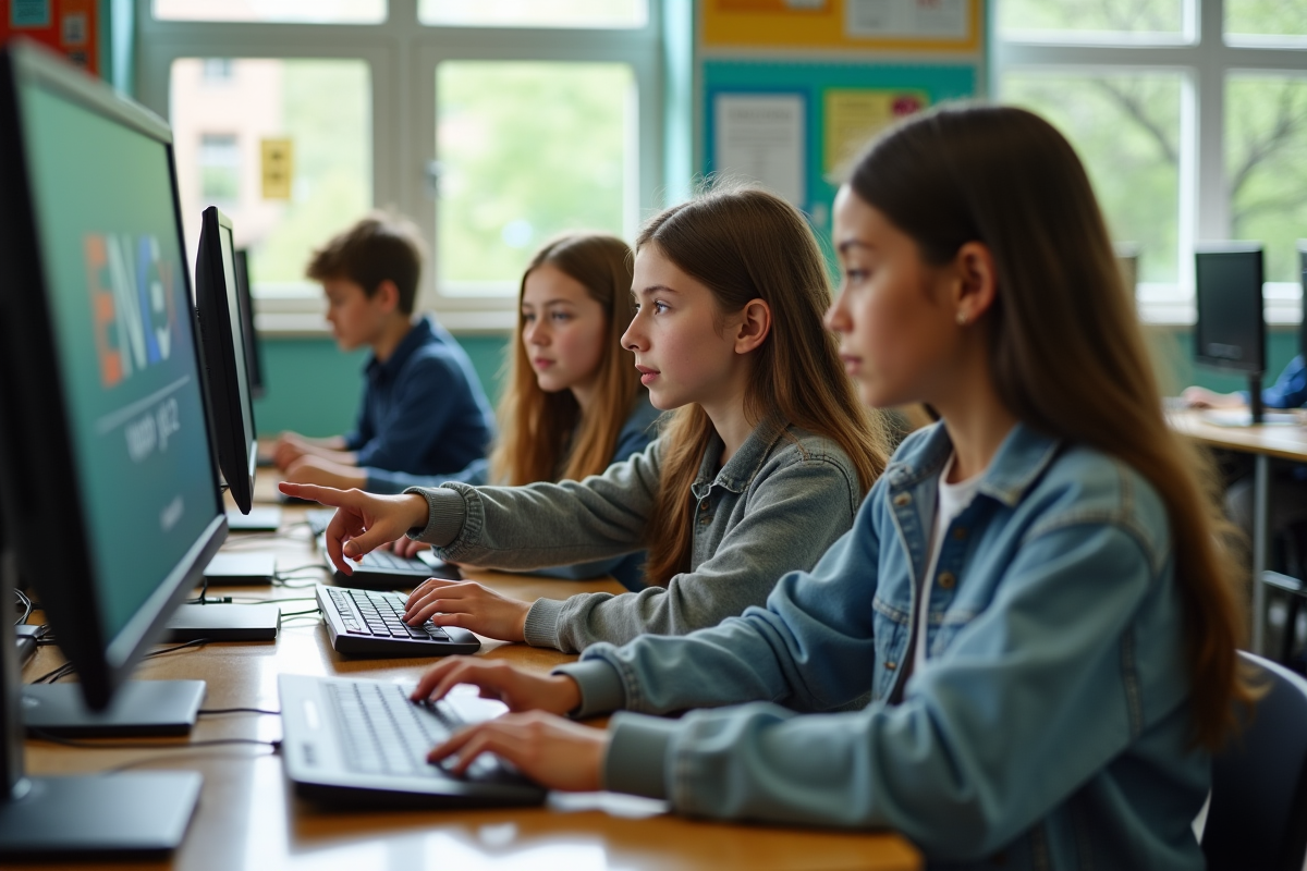 Groupe d adolescents autour d un ordinateur en classe