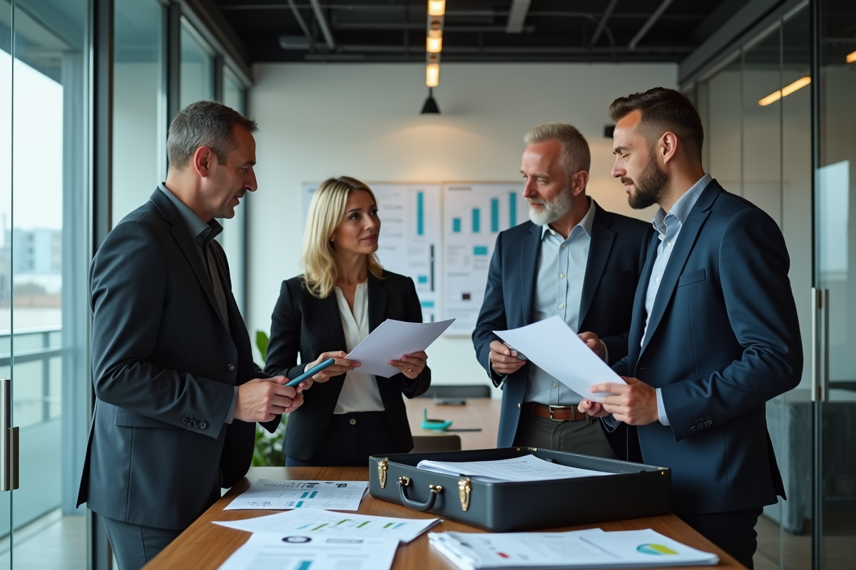 Groupe de professionnels discutant autour de documents financiers