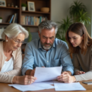 Trois générations autour d'une table étudiant des documents financiers