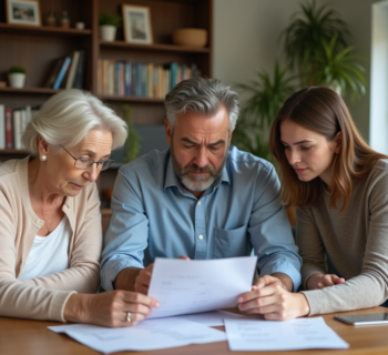 Trois générations autour d'une table étudiant des documents financiers