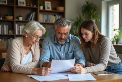 Trois générations autour d'une table étudiant des documents financiers