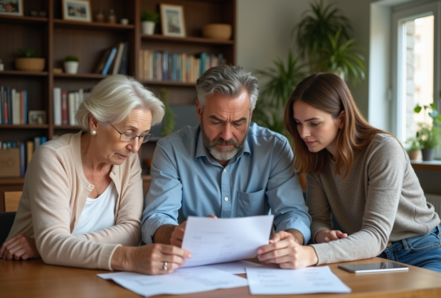 Trois générations autour d'une table étudiant des documents financiers