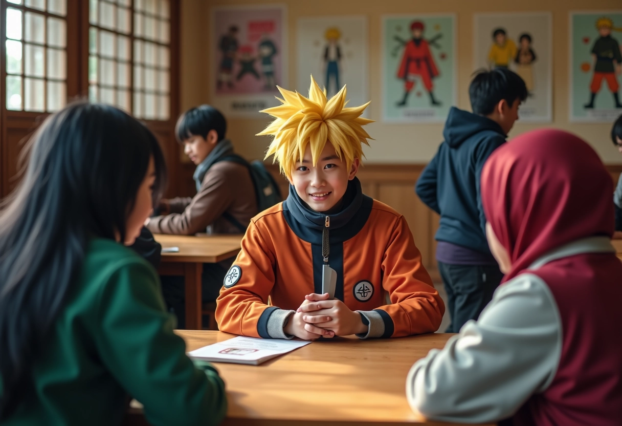 Groupe de fans en cosplay de personnages de Naruto autour d