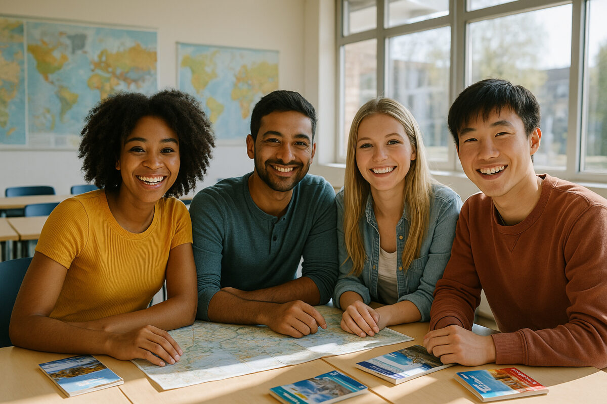 Groupe de jeunes souriants en classe lumineuse