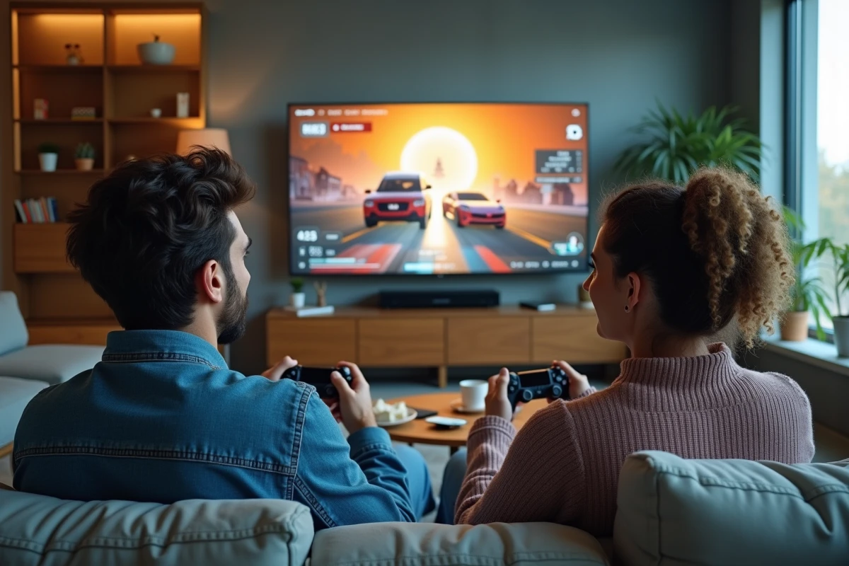 Groupe de joueurs adultes en session de jeu coopératif sur écran TV dans un salon moderne, nouvelles habitudes gaming 2026
