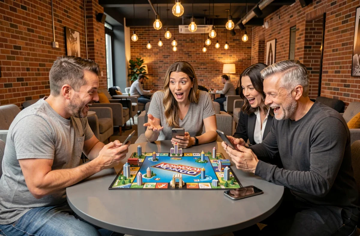Groupe de joueurs VIP réunis autour d'un plateau Monopoly GO dans un club privé moderne discutant de leurs stratégies