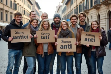 Groupe diversifié de personnes avec pancartes antii dans une place historique