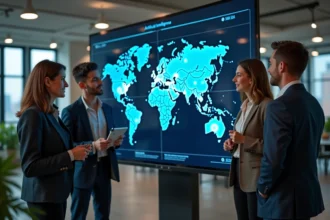 Groupe de professionnels autour d'un écran sur l'IA en bureau moderne