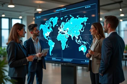 Groupe de professionnels autour d'un écran sur l'IA en bureau moderne