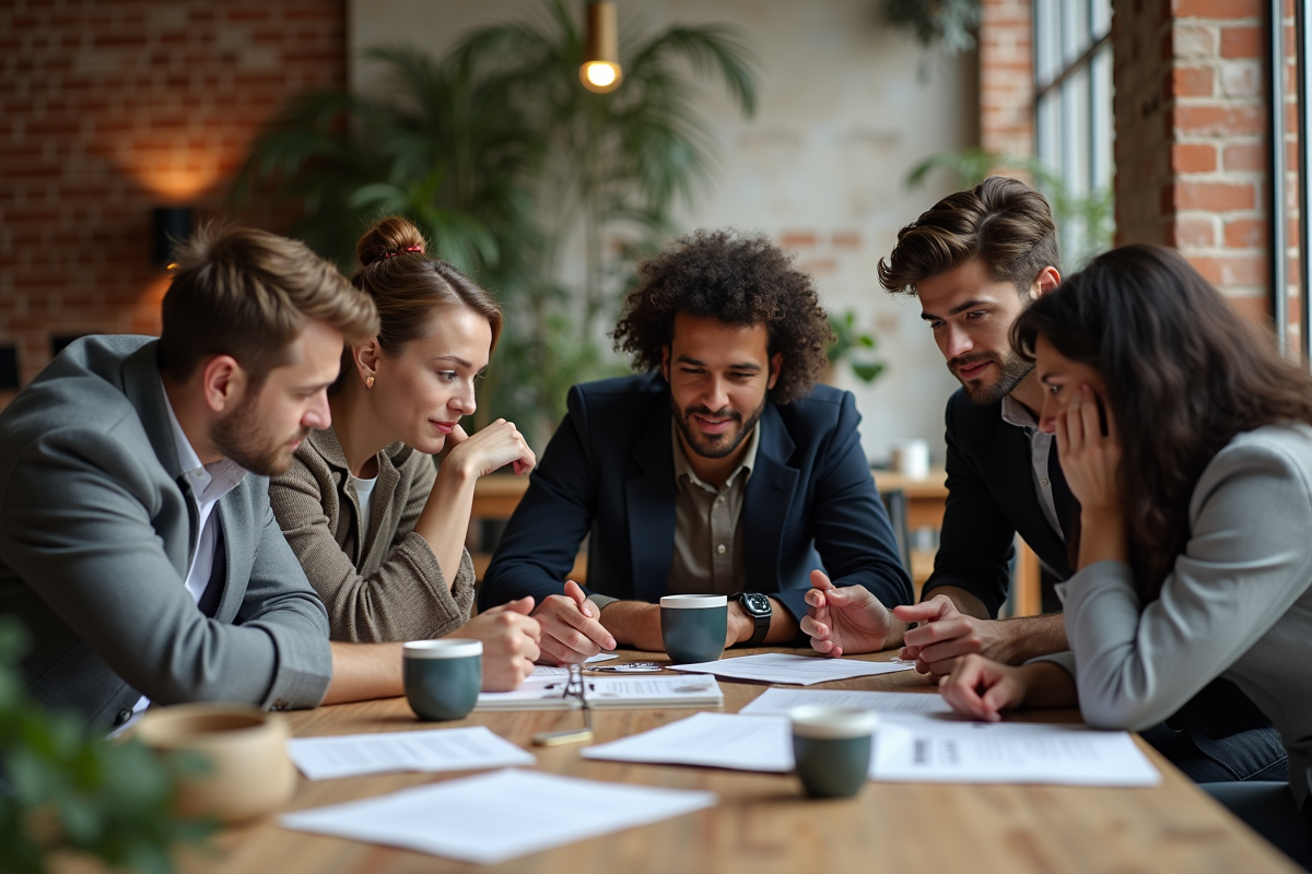 Groupe diversifié de jeunes adultes en coworking créatif