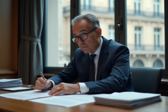 Homme d'affaires en costume navy dans un bureau parisien