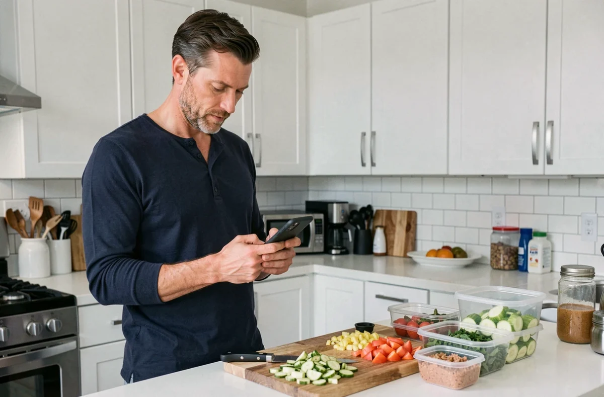 Homme consultant des astuces de gestion du quotidien sur son smartphone dans une cuisine moderne bien organisée
