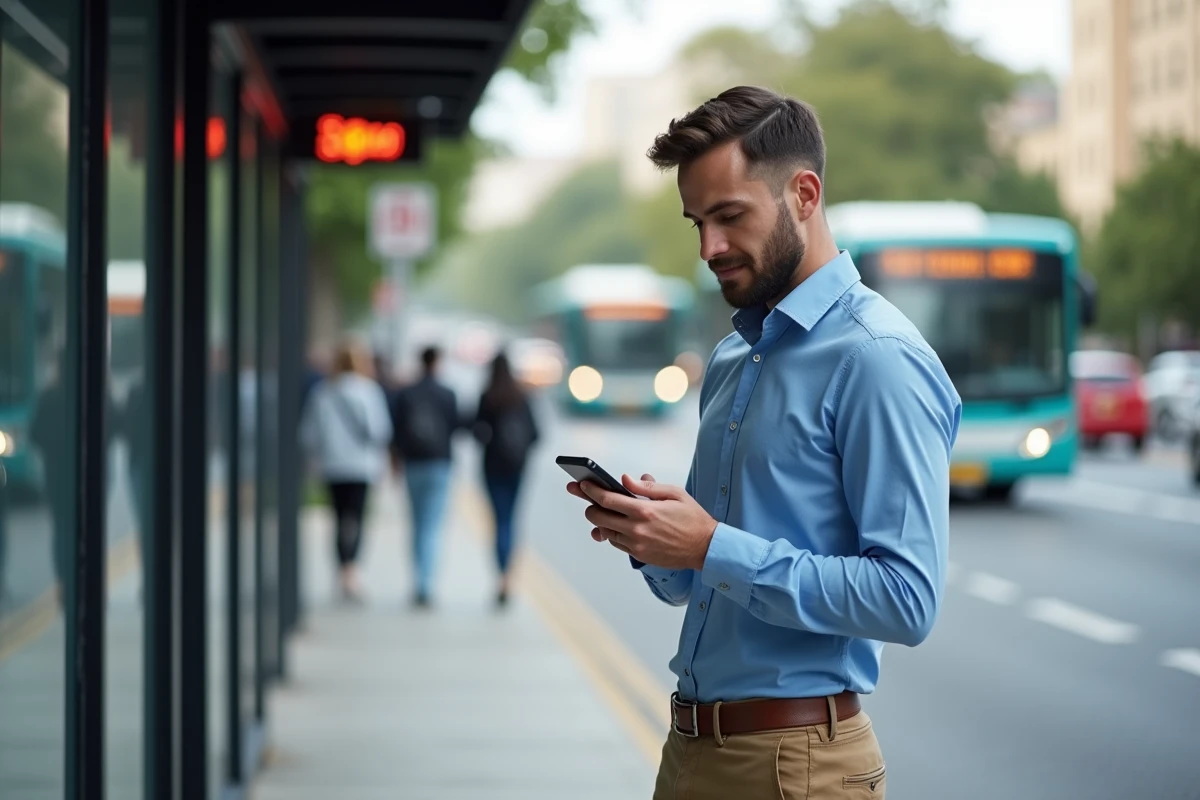 Jeune homme professionnel attendant au bus en ville