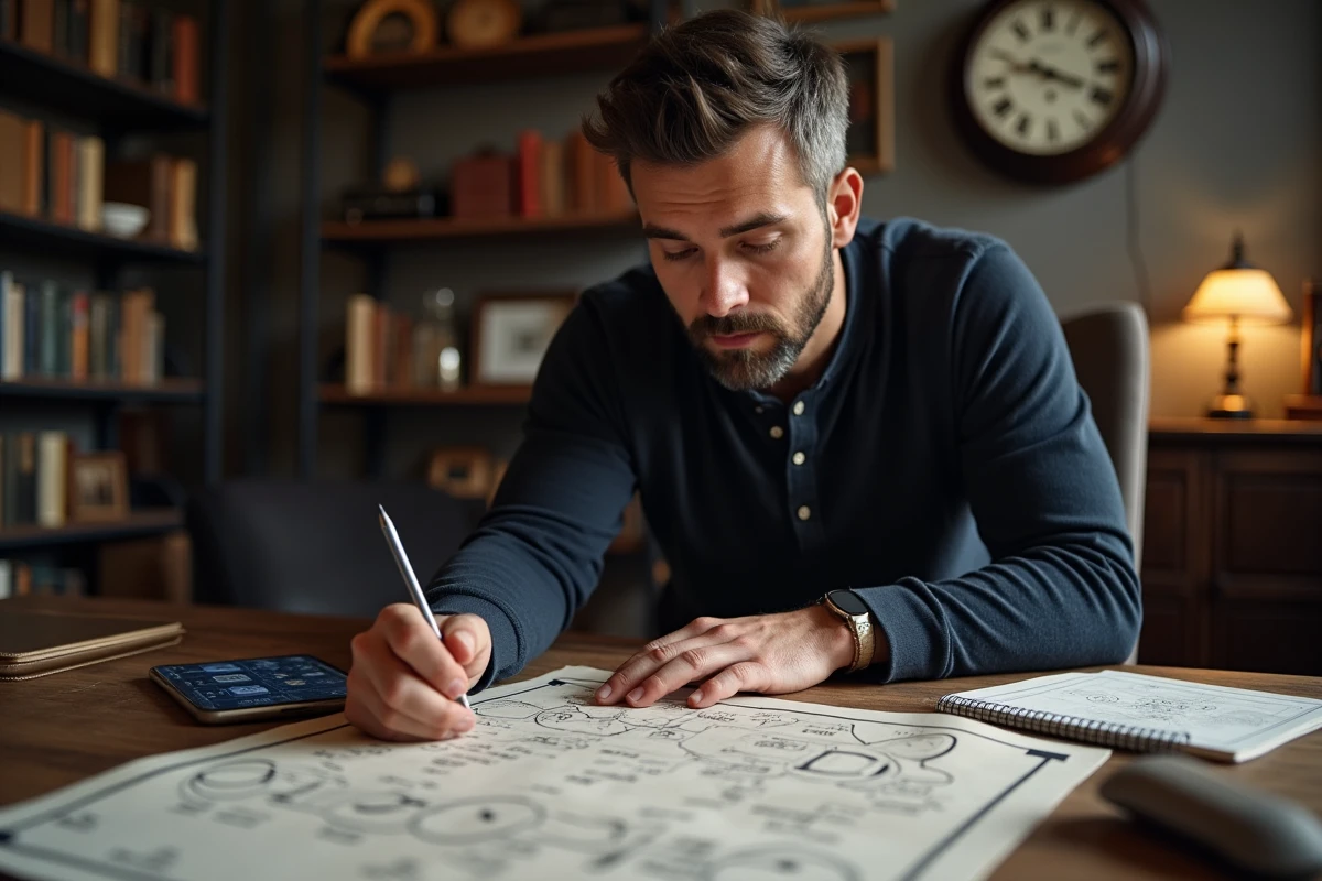 Homme analysant des notes et un guide de solution imprimé pour Rooms et Exits posés sur un bureau en bois encombré