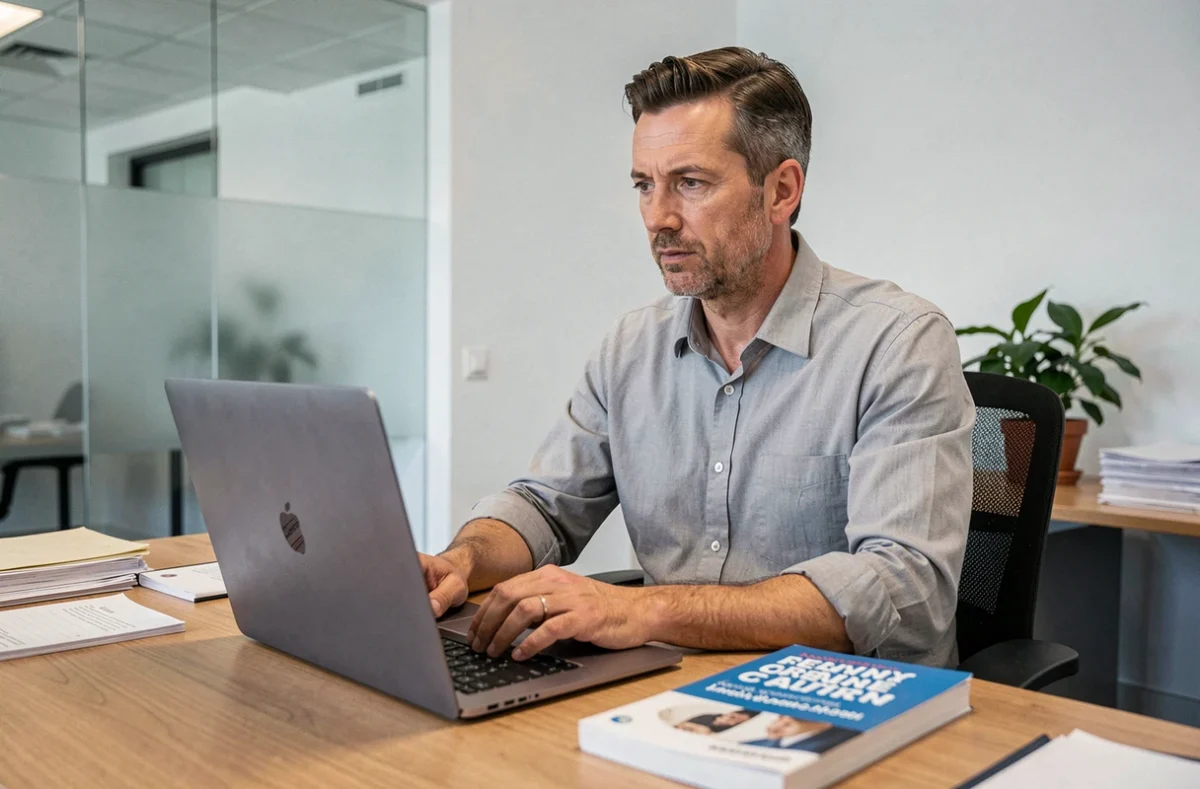 Homme vérifiant une règle de grammaire française sur un ordinateur portable dans un bureau moderne