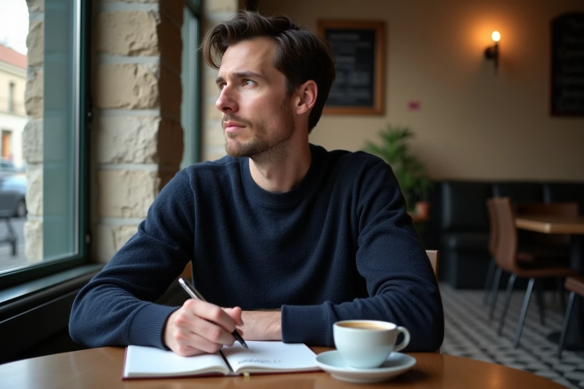 Homme prenant des notes dans un café parisien sur le sens évolutif du mot s'amenuiser en français contemporain
