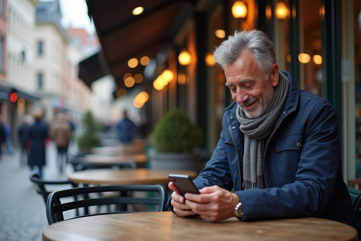 Homme souriant avec smartphone dans un café belge