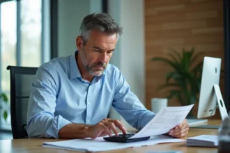 Homme d'âge moyen vérifiant ses calculs au bureau