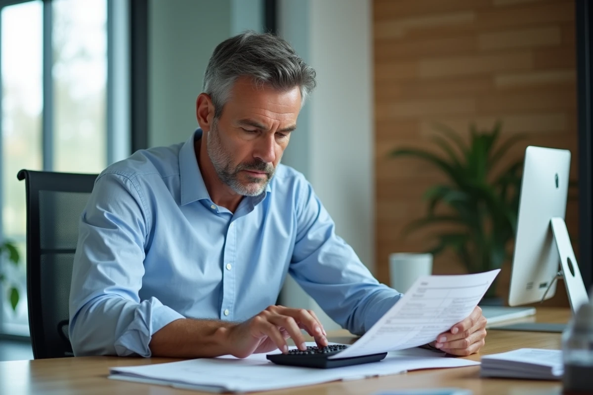 Homme d'âge moyen vérifiant ses calculs au bureau