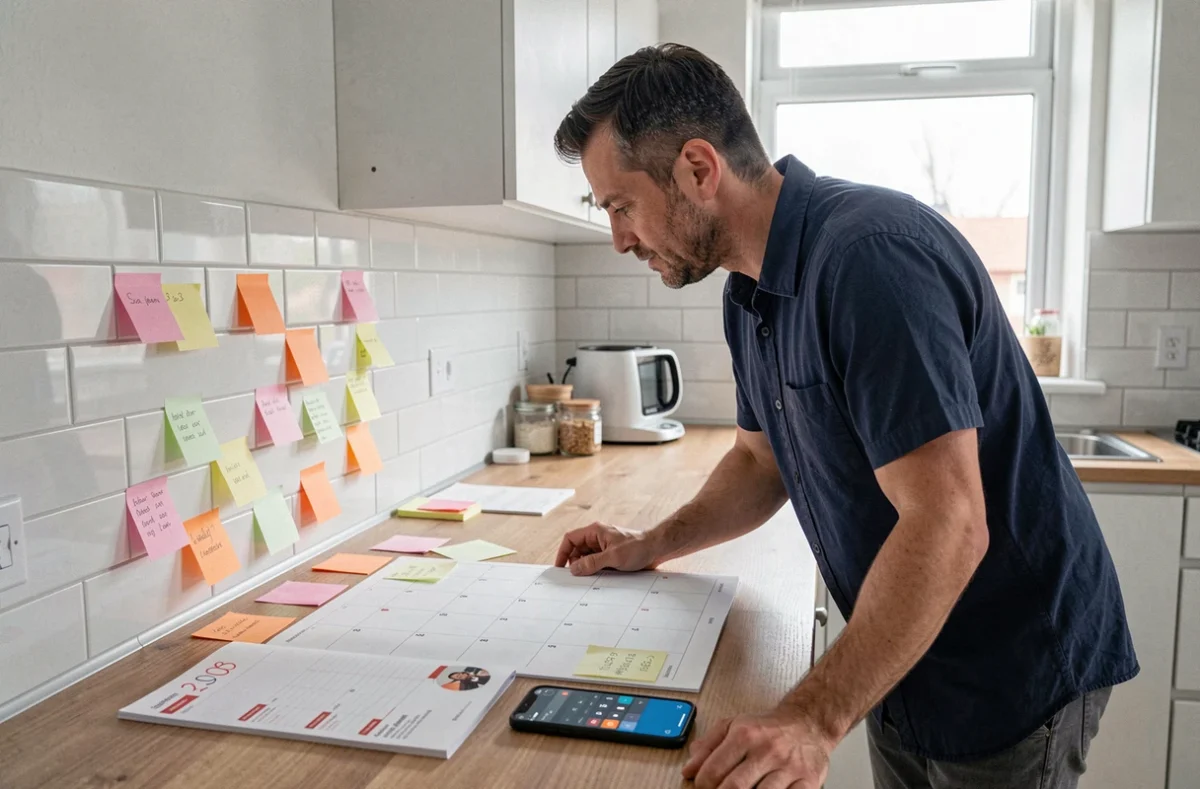 Homme consultant un calendrier mural et une application de calcul de jours sur smartphone dans une cuisine moderne