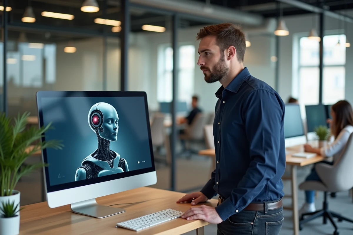 Homme en espace de coworking consultant une alternative gratuite à ChatGPT en français sur son écran