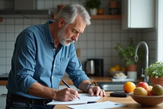 Homme français en cuisine écrivant des calculs de conversion