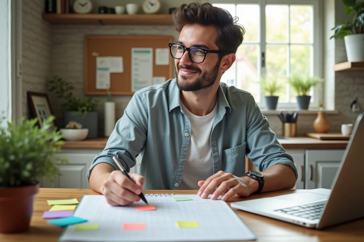 Homme planifiant sa semaine dans la cuisine lumineuse