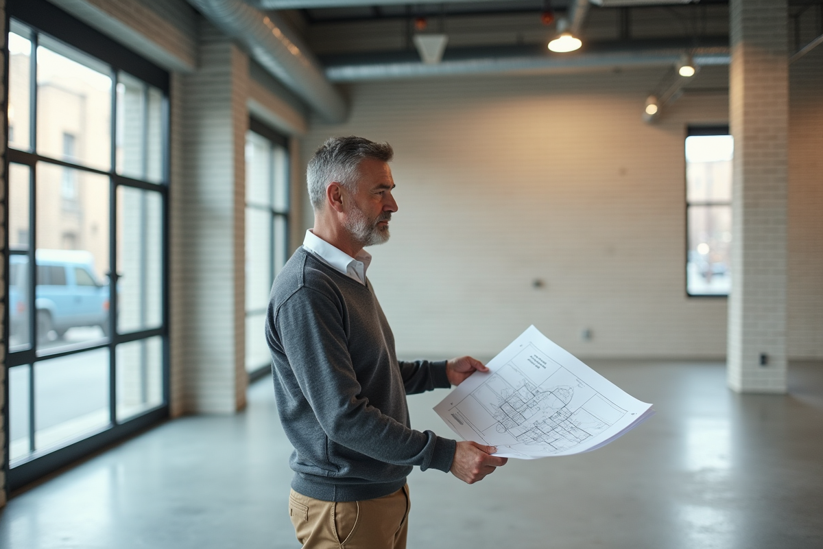 Homme regardant un plan dans un espace commercial rénové