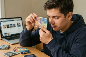 Jeune homme examinant une carte Pokémon holographique à son bureau, comparant des achats en ligne sur un site spécialisé