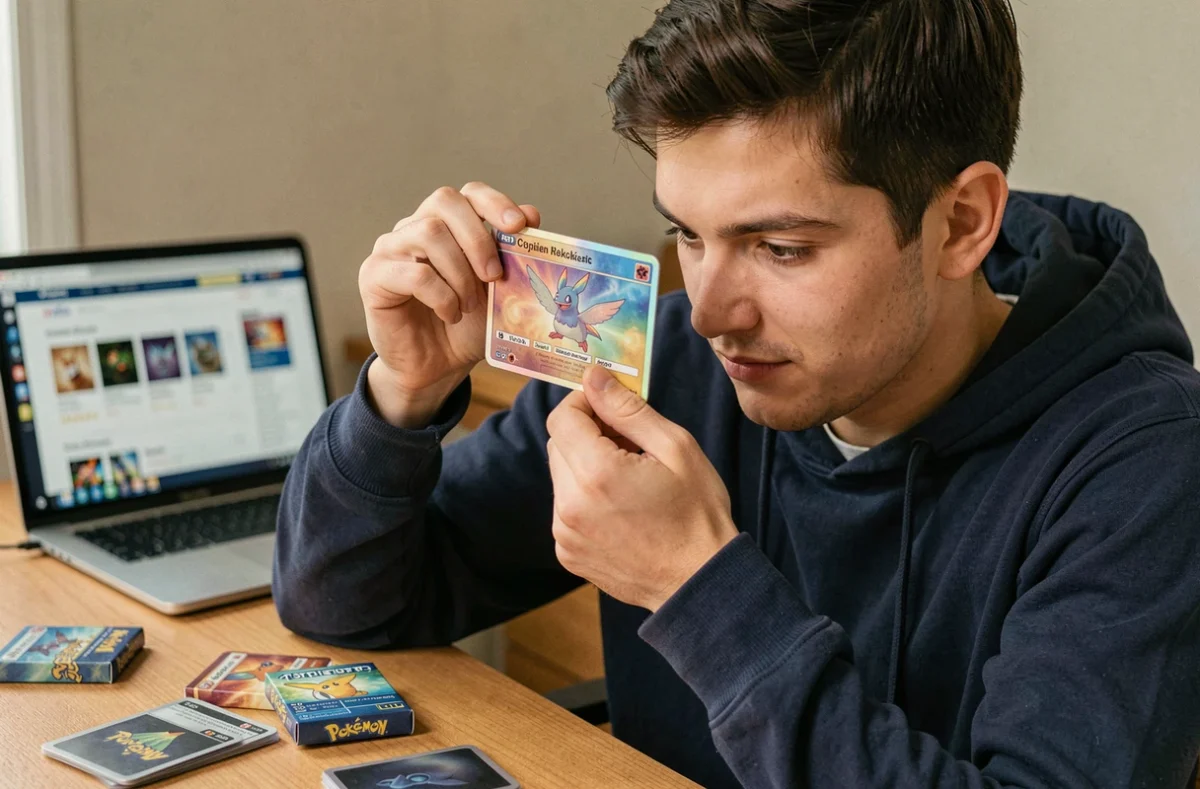 Jeune homme examinant une carte Pokémon holographique à son bureau, comparant des achats en ligne sur un site spécialisé