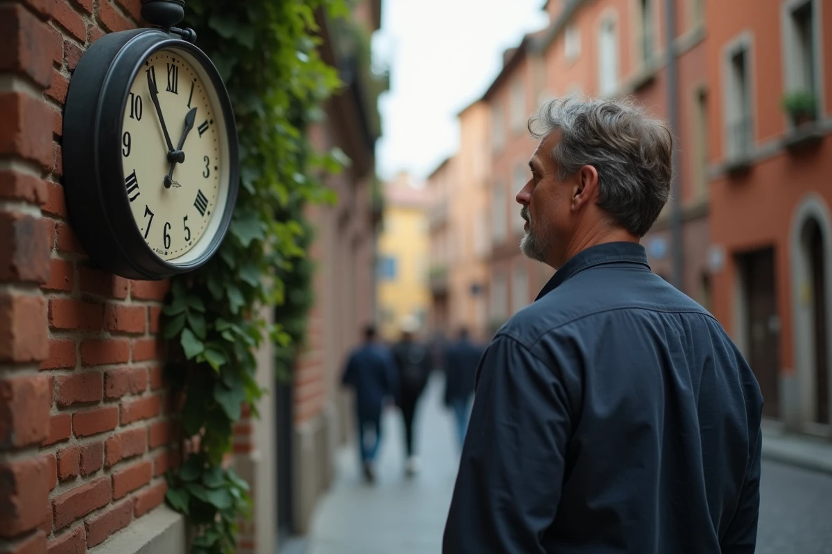 Homme regardant une horloge affichant 08h08 dans une rue urbaine, évoquant la signification du nombre 0808 en numérologie