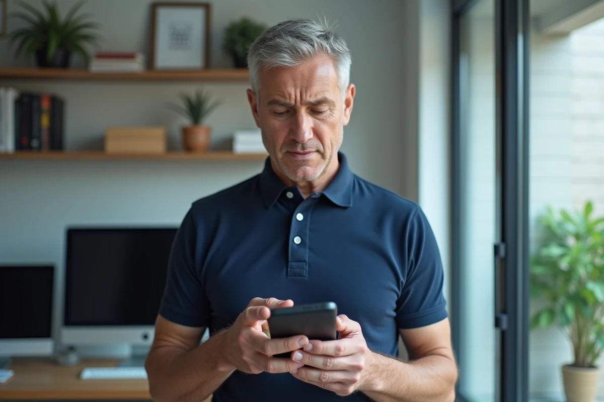 Homme consultant le journal d'appels de son smartphone pour identifier un numéro 03 77