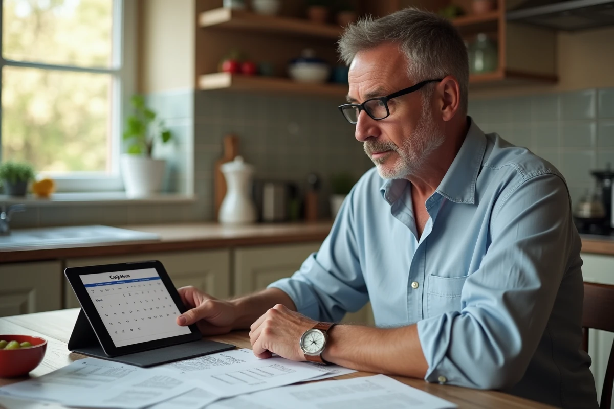 Homme réfléchissant avec un tableau de croix et une tablette Codycross