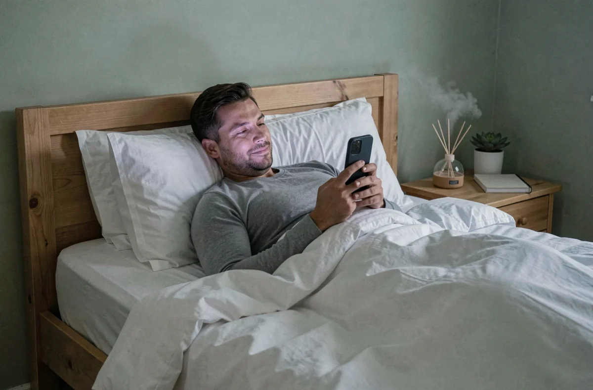 Homme allongé dans son lit lisant un article de bien-être sur smartphone avant de dormir, chambre minimaliste sage green, rituel anti-stress nocturne