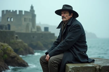 Homme mystérieux au bord de la mer brumeuse