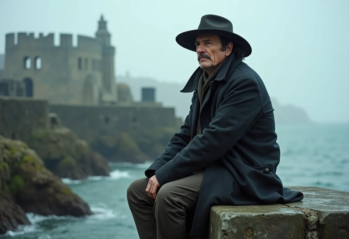 Homme mystérieux au bord de la mer brumeuse