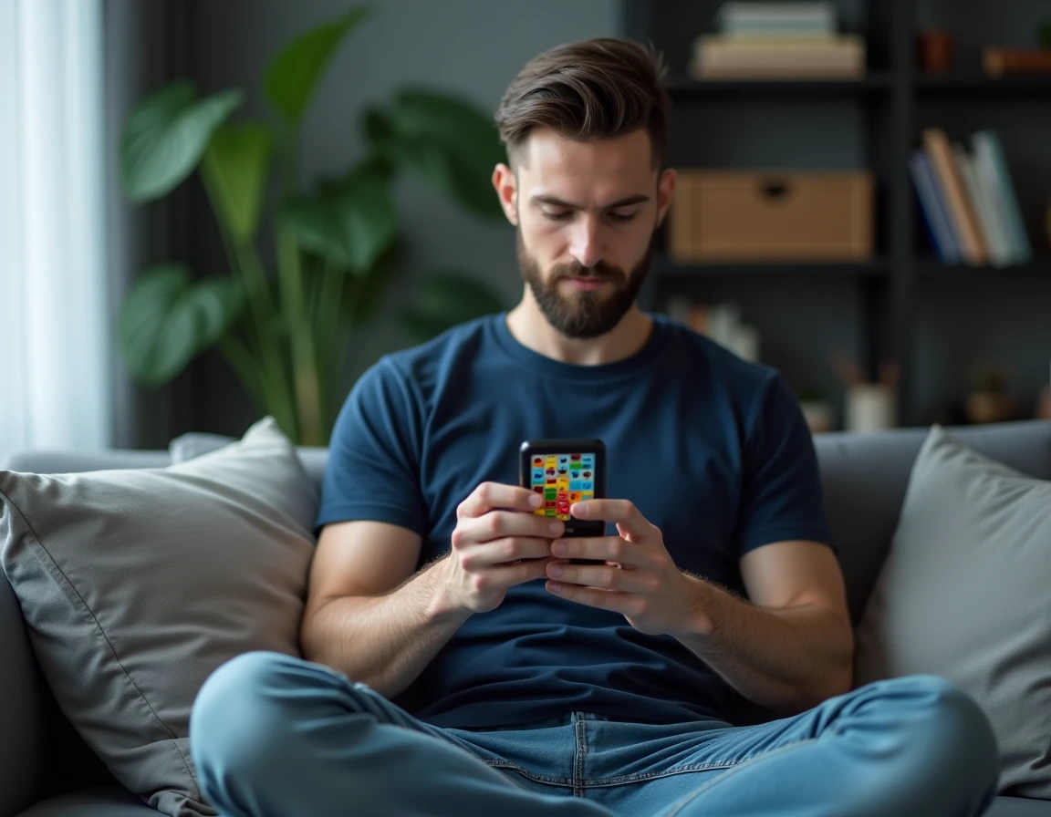 Homme optimisant ses dés gratuits sur Monopoly GO depuis son canapé dans un appartement moderne