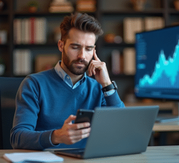 Homme pensif utilisant une application bancaire sur son ordinateur