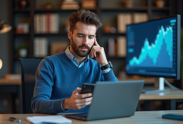 Homme pensif utilisant une application bancaire sur son ordinateur