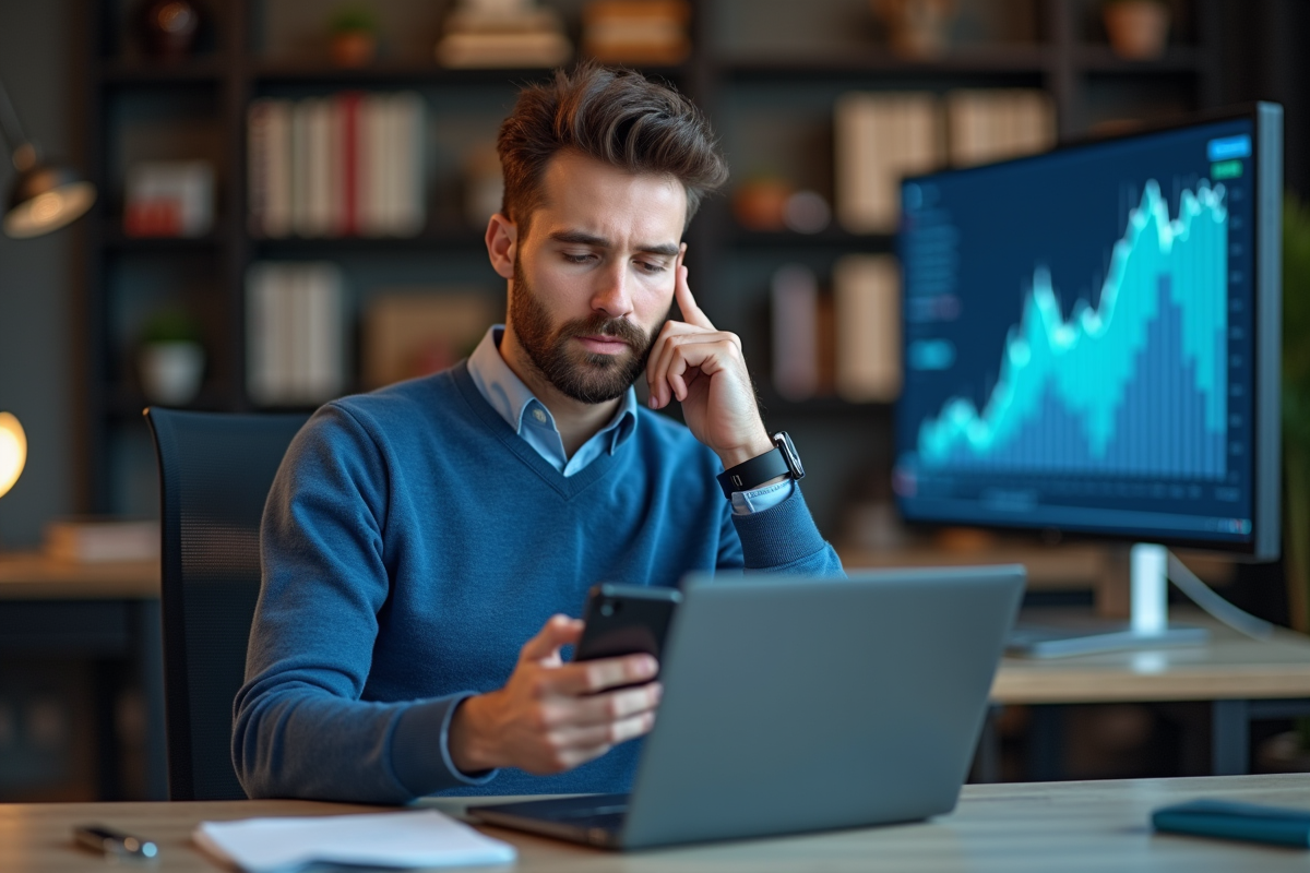 Homme pensif utilisant une application bancaire sur son ordinateur