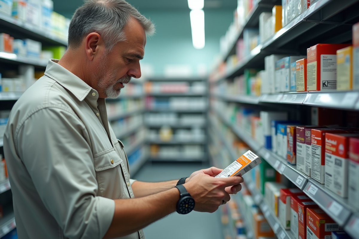 Homme dans une pharmacie lisant une boîte de complément digestif