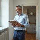 Homme d'affaires regardant un radiateur dans un appartement
