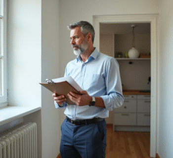 Homme d'affaires regardant un radiateur dans un appartement