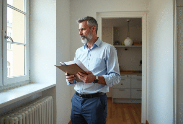 Homme d'affaires regardant un radiateur dans un appartement
