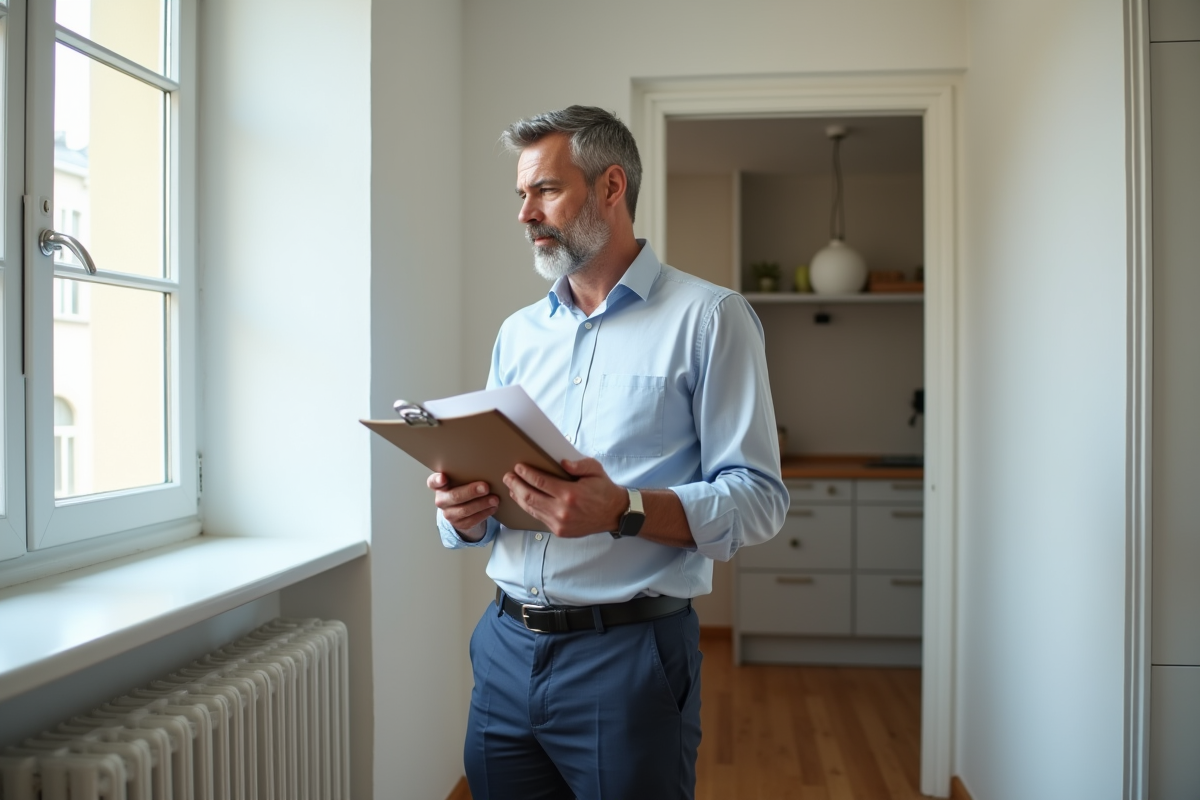 Homme d'affaires regardant un radiateur dans un appartement