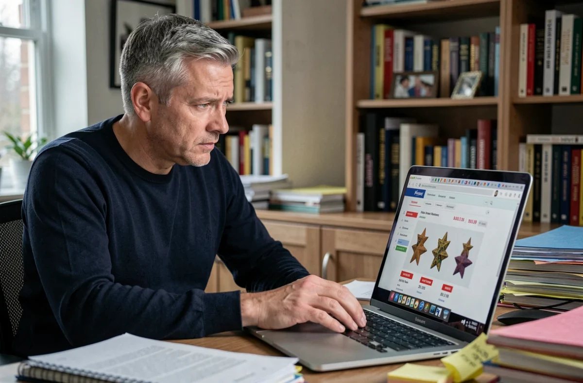 Homme scrutant des offres de figurines star pas chères sur un site e-commerce, illustrant les risques d'arnaques en ligne