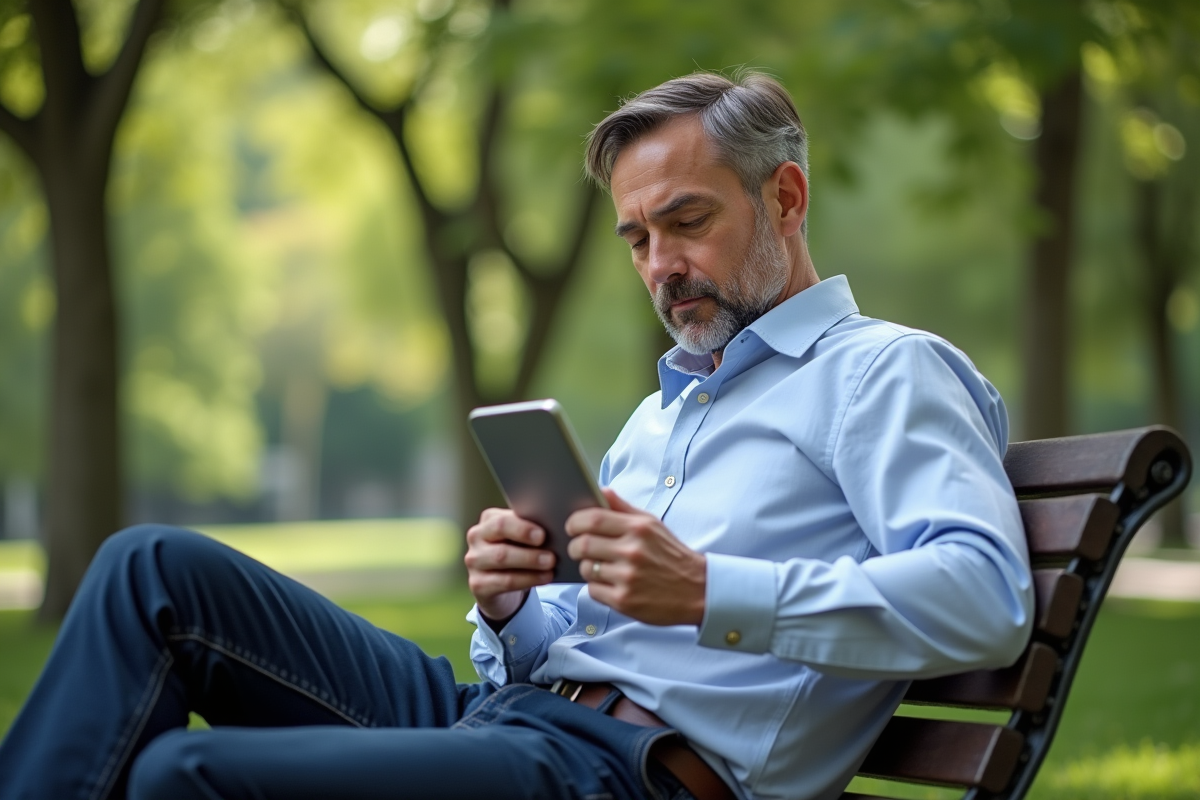 Homme d age moyen repassant sa chemise dans un parc verdoyant