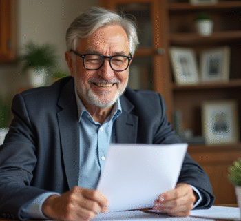 Homme senior souriant lisant une lettre chez lui