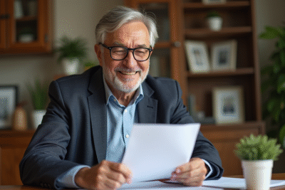 Homme senior souriant lisant une lettre chez lui