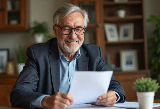 Homme senior souriant lisant une lettre chez lui